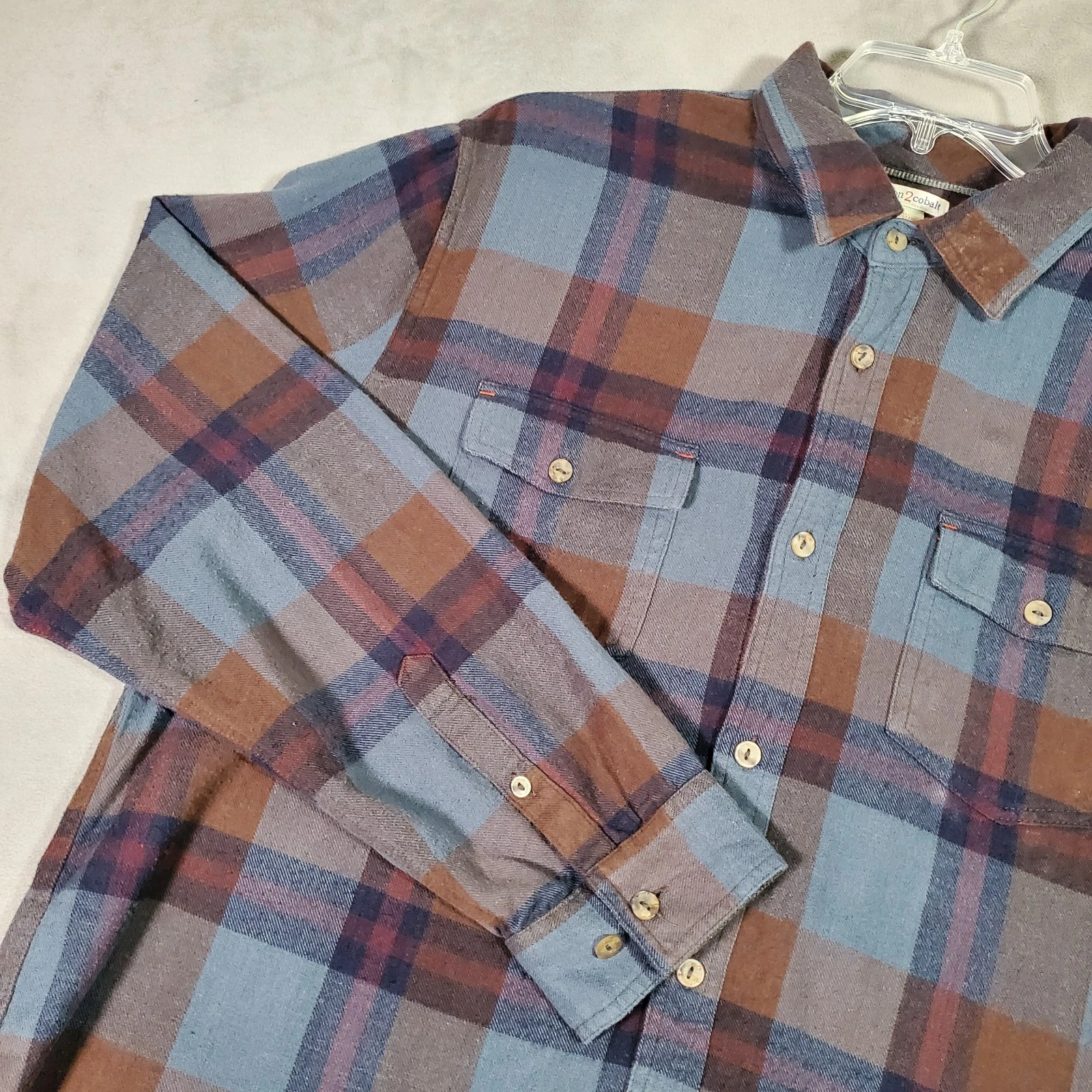 Carbon 2 Cobalt Flannel Shirt Mens LT Blue Brown Plaid Casual Outdoor Gorpcore