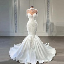 Luxury Tassel Satin Mermaid Sequin Wedding Dress Layered Beaded Bridal Gown