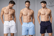 Mens 100 Cotton Boxer Shorts Pack of 3 Printed Loose Fit Soft Underwear