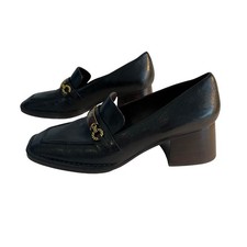Tory Burch Perrine Loafer Pump Size 10 Black Leather Block Heel Square Toe Logo