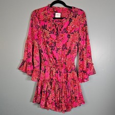 MISA Los Angeles Pink Floral Metallic Ruffle Mini Dress Small Smocked Waist