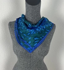 Bernie of New York 100% Silk Square Sheer Blue Floral Scarf Made in USA