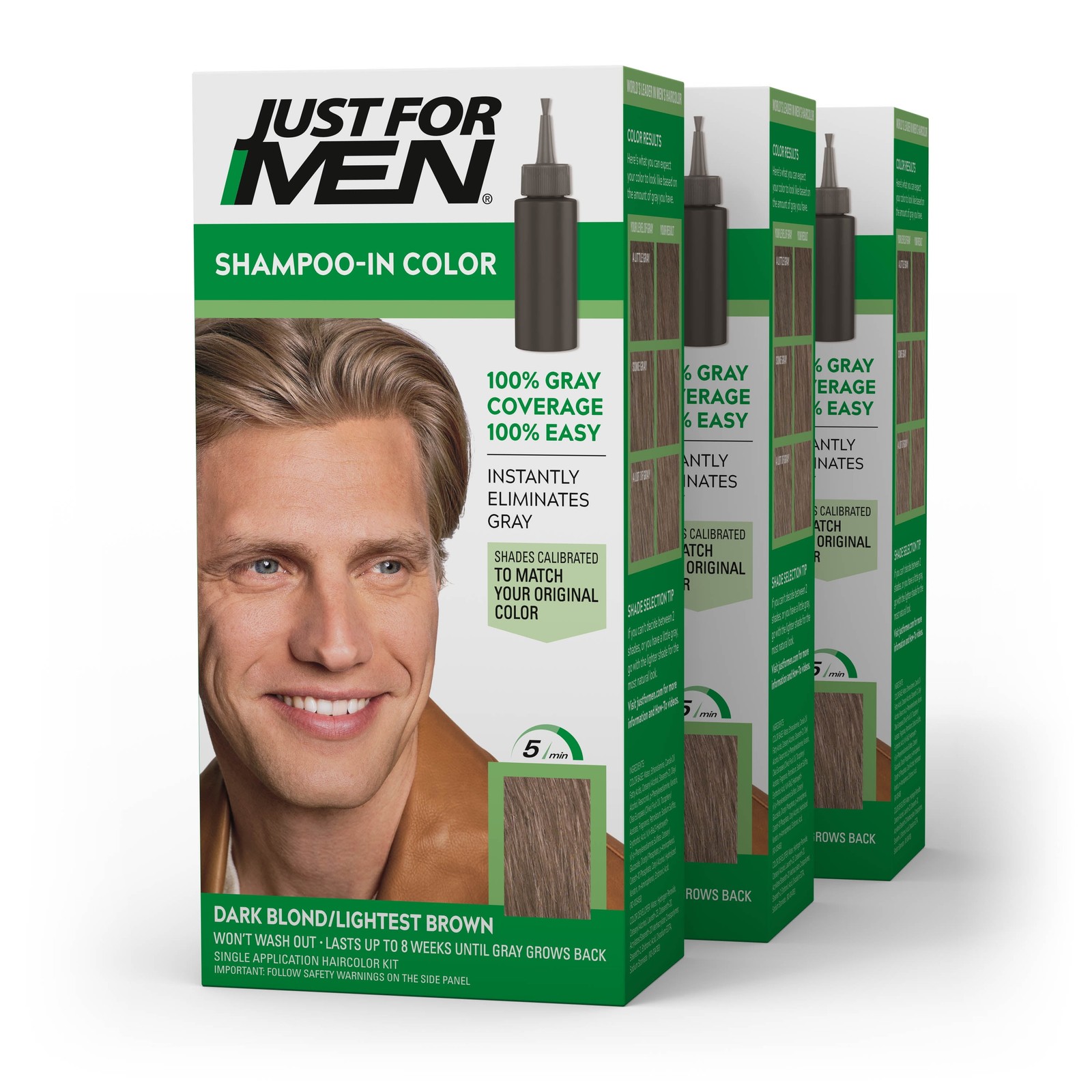 Just For Men Shampoo-in Hair Dye for Men, H-15 Dark Blond/Lightest Brown, 3 Pack