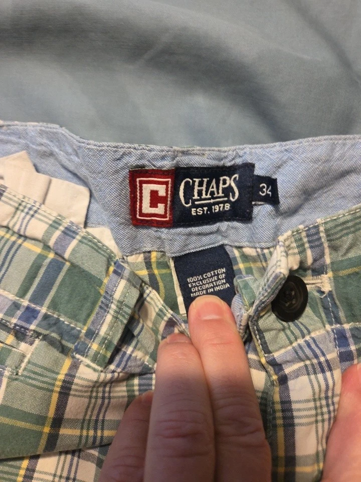 Chaps Shorts Mens Size 34 Zipper Button Multicolor Plaid 100% Cotton Pockets