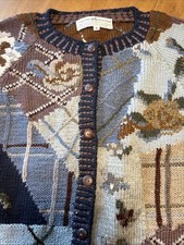 90 Vintage Peruvian Connection Cardigan Sweater Hand Knit Wool patchwork S