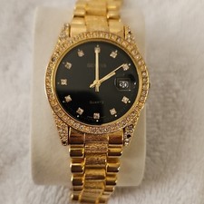 Geneva Women's Quartz Gold Tone Bracelet Black Dial Diamond Markers Date Watch