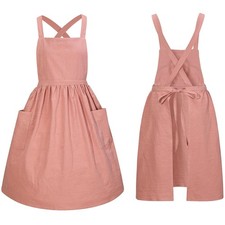 Vintage Ruffle Pinafore Chef Apron Dress with 2 Pockets for Women Girls Pink