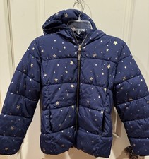 Old Navy Girls Hooded Full-Zip Puffer Jacket Blue With Gold Stars XL 14 