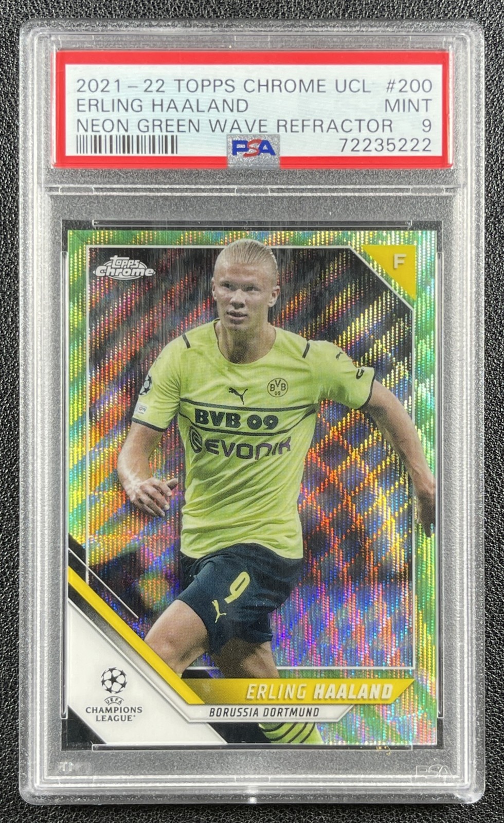 ERLING HAALAND PSA 9 2021-22 TOPPS CHROME UCL #200 NEON GREEN WAVE REF 58/99 view 1