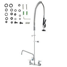 Wall-Mount Brass Kitchen Faucet 47in, 12in Rotating Spout Pre-Rinse Spray