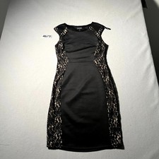 Enfocus Studio Bodycon Dress Womens 8 Black Floral Lace Trim Cocktail Round Neck