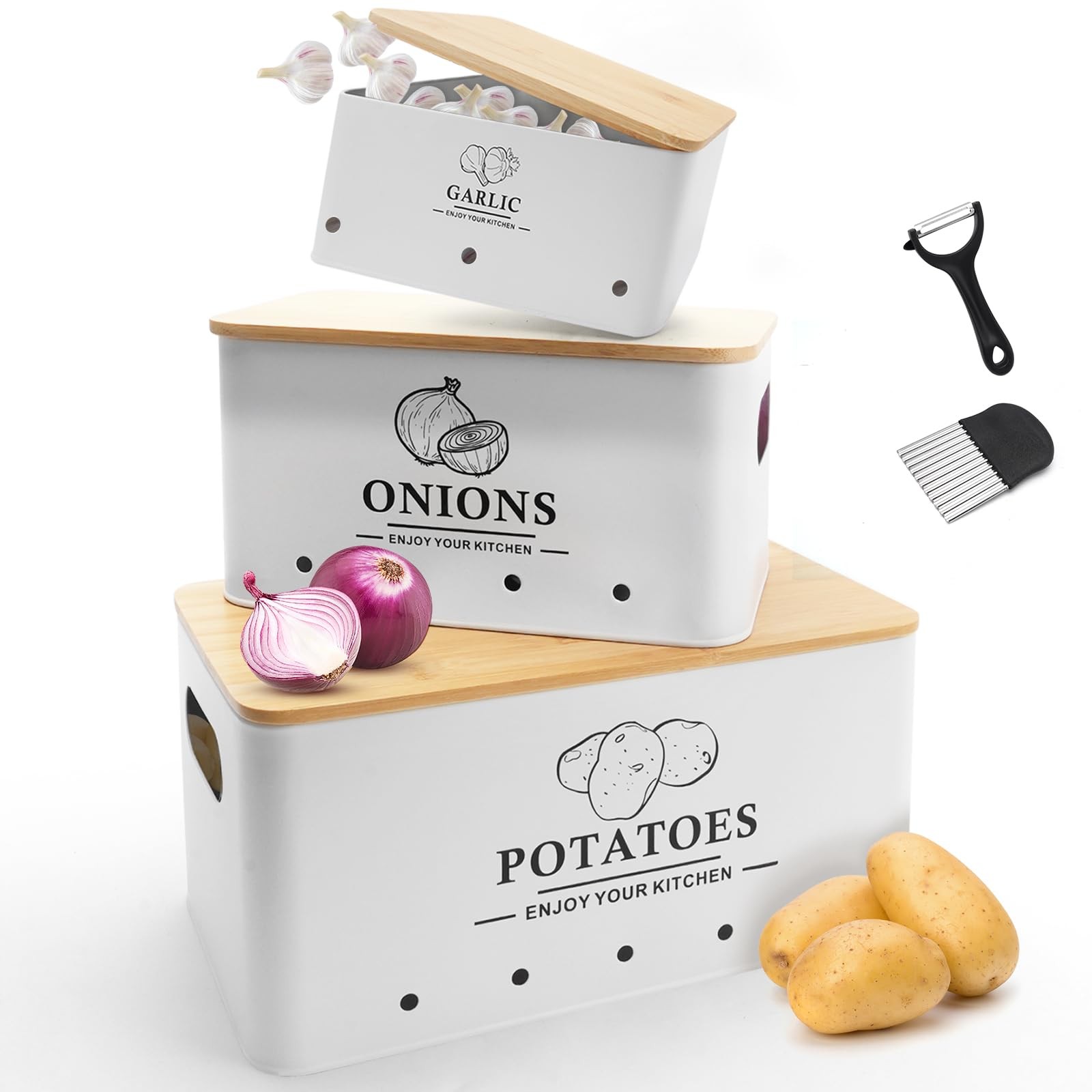 Dekosilave Kitchen Vegetable Storage Set of 3, Metal Onion Garlic Potato Stor...