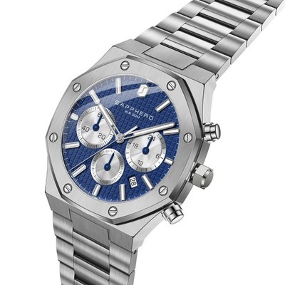 SAPPHERO Herren Uhr Edelstahl 42mm Chronograph Datum Leuchtzeiger 5ATM