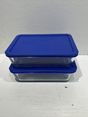Lot Of 2 Pyrex Glass With Blue Lid Food Storage Container  7211-PC