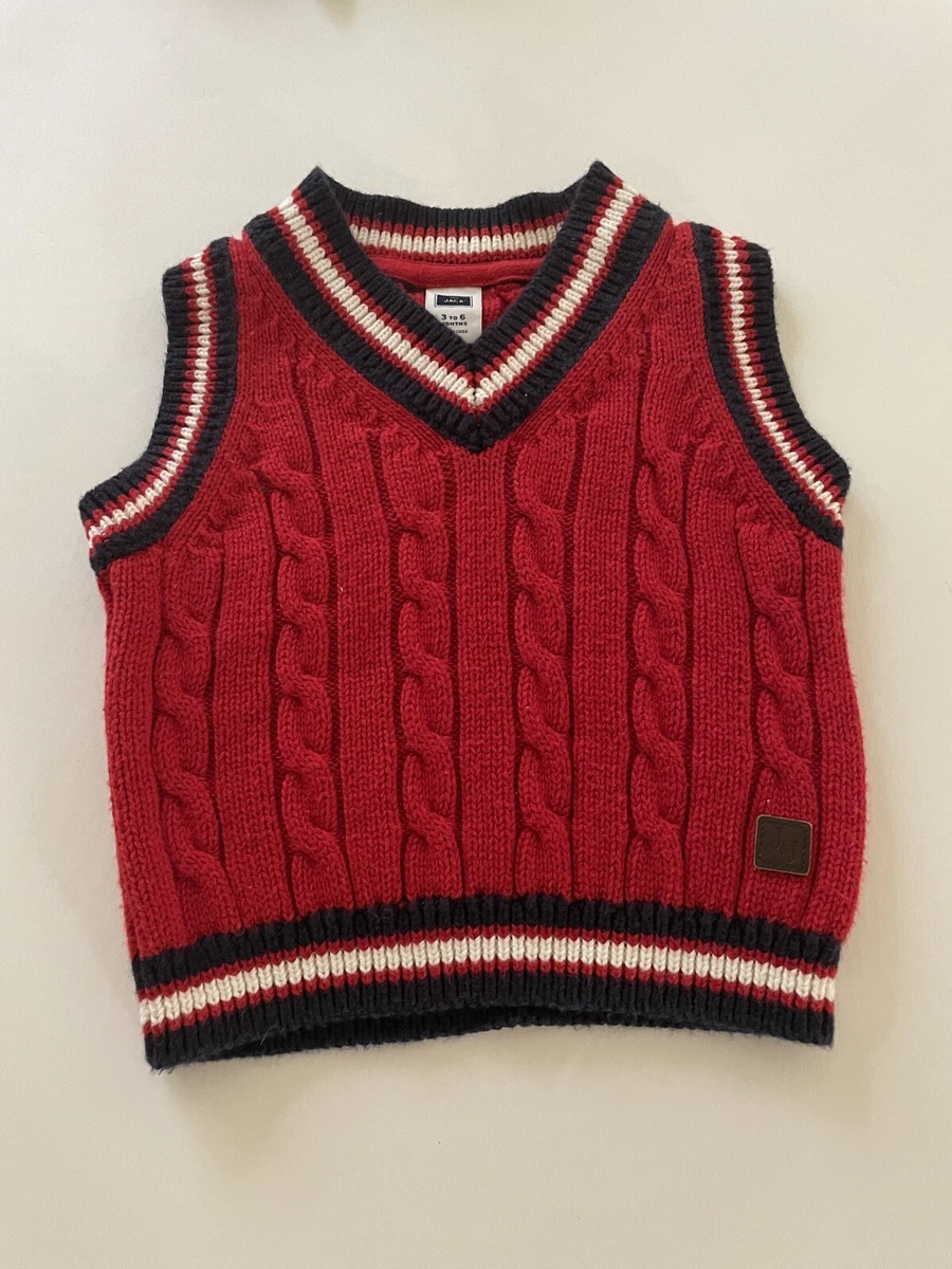 Janie Jack Boys Sweater Vest 3 6 Months Red Cable Knit V Neck Navy White Trim