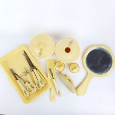 Antique French Ivory Celluloid Manicure and Vanity Set with Tray 19 pc set