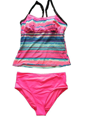 CharmLeaks/Matalan 12/M Pink Mix Striped Padded Racerback High Waist Tankini Set