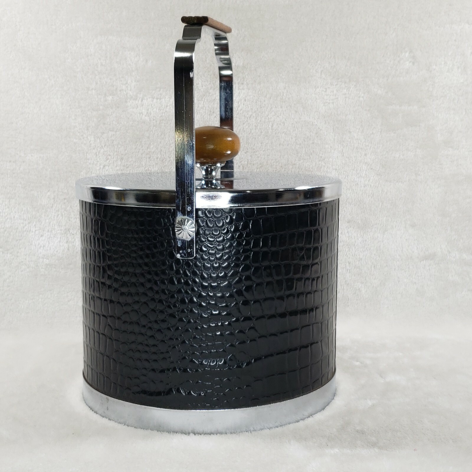 Vintage Retro Black Faux Leather Alligator Ice Bucket Chrome Lid by Atapco