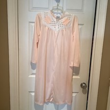 Vintage Blair Peach Satin Zip Front Nightgown with Cutwork BodiceLong Sleeve M-L