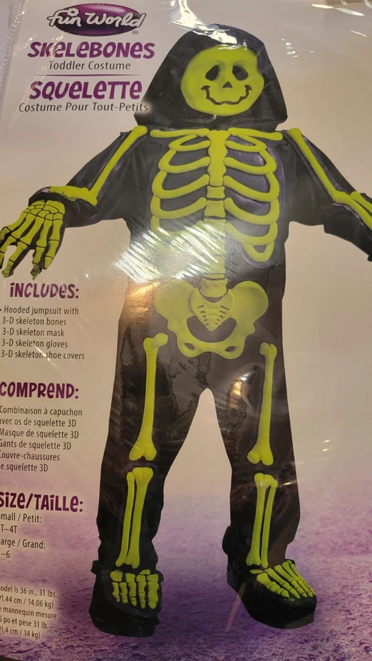 Divertido Mundo Esquelebos Niño Disfraz Verde 3D Huesos Talla Grande 4-6 Nuevo Foto 2 de 3
