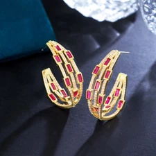 Charming Red CZ Yellow Gold Plated Party Triple Circle Round Double Hoop Earring