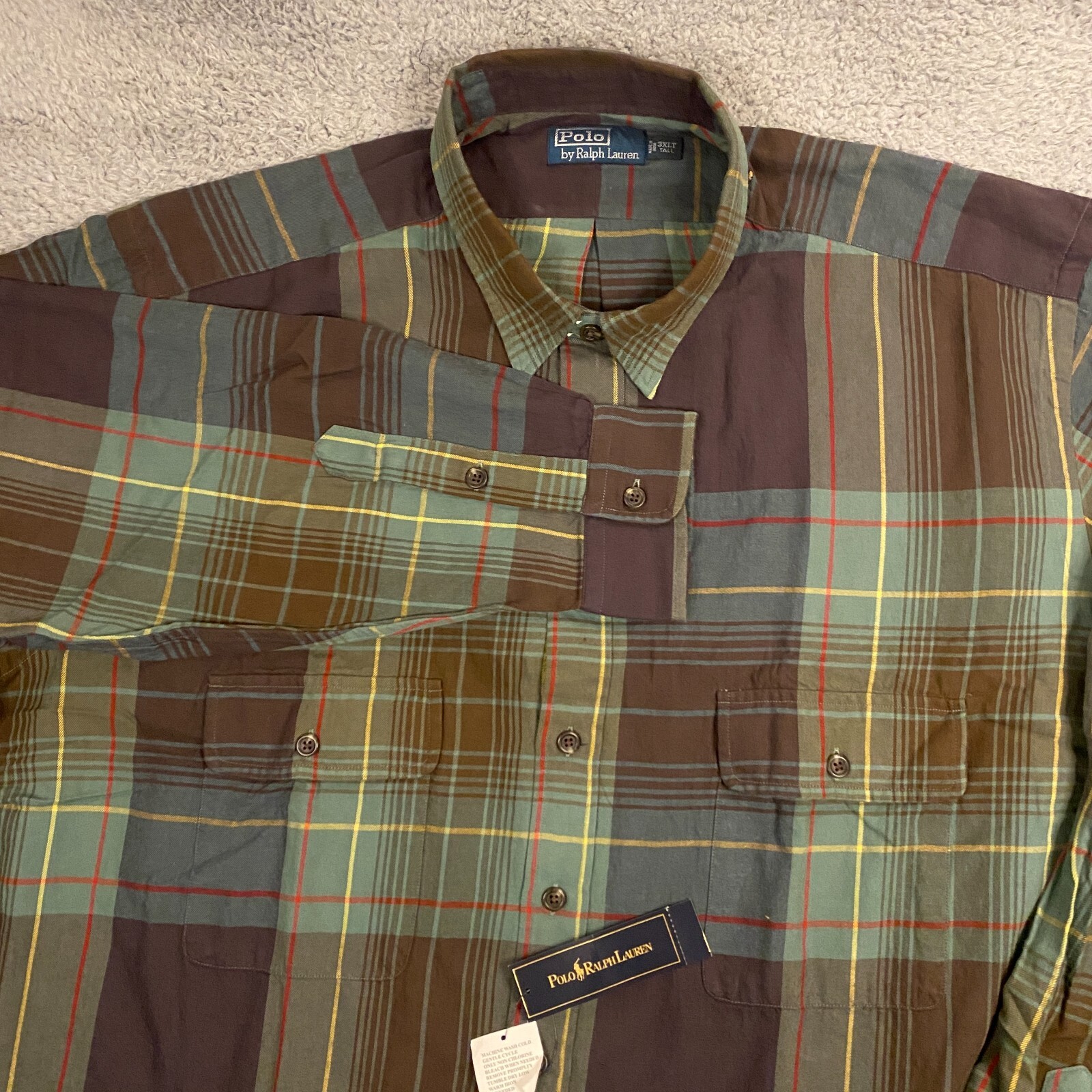 Polo Ralph Lauren Shirt 3XLT Big & Tall Flannel Shadow Plaid Cotton Vintage NEW