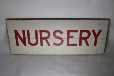 Nursery Antique Hand Painted Wood Sign Farm Trees Plants Babies Red White Barn