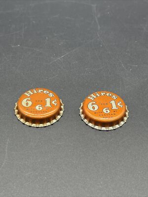Two (2) Hires Root Beer 6 for 1¢ with 6 Cork Lined Bottle Cap - 1950s
