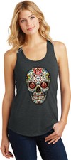 Ladies Halloween Tank Top Sugar Skull with Roses Racerback