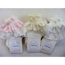 Girls White or Ivory Diamante Bow Lace Frilly Socks 6 Sizes
