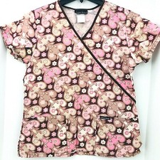 Cherokee Small Scrub Top Flowers Brown Pink White Medical Nurse Veterinary