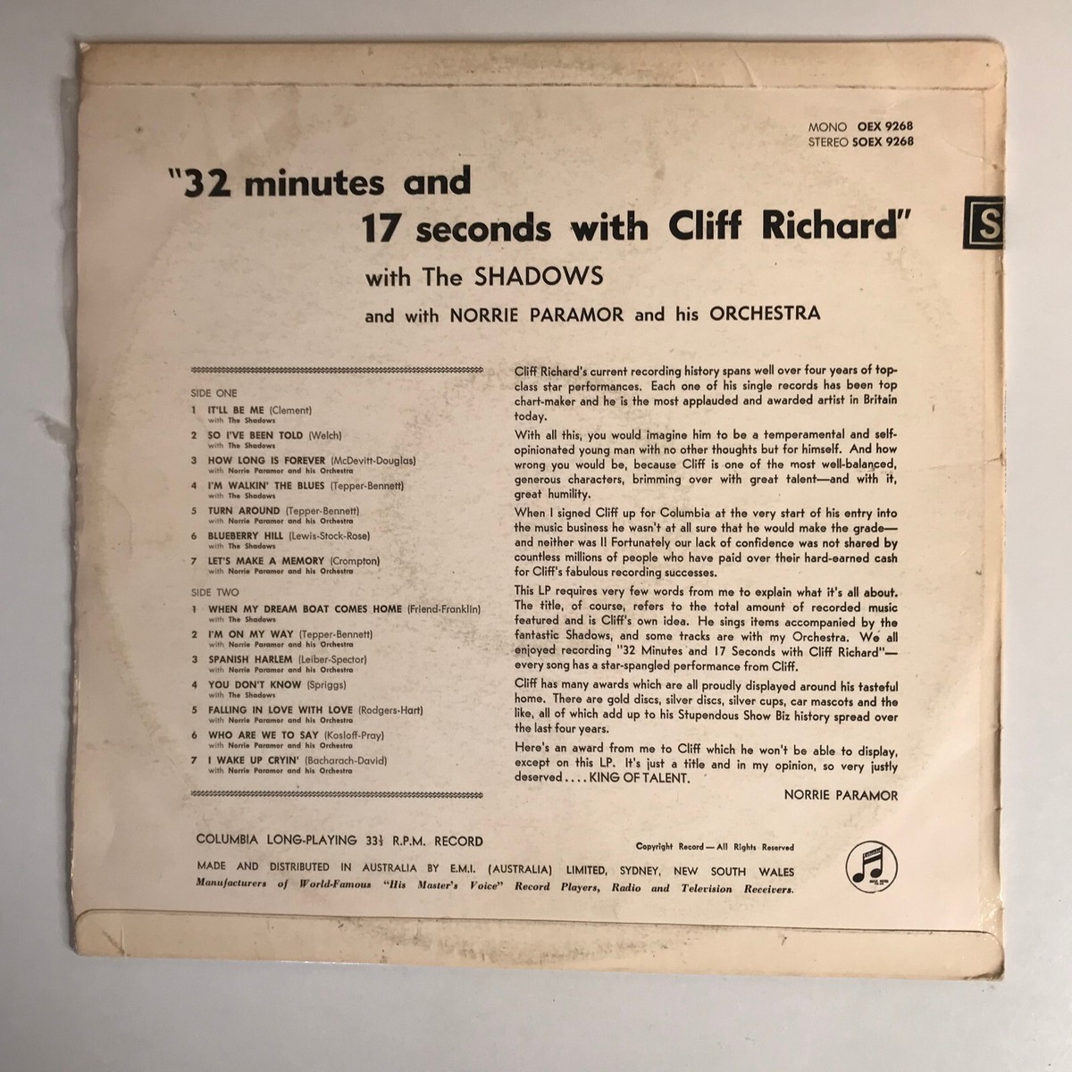 Cliff Richard 32 Minutes 17 Seconds 1962 Vinyl Lp Record UK