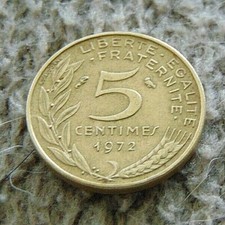 Coins, one coin over 5 centimes, 1972 year. France!!!