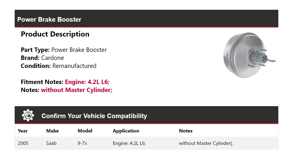 Para Saab 9-7x 2005 4,2 L L6 Power Brake Booster Cardone Foto 2 de 4