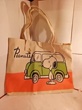 SNOOPY & WOODSTOCK WITH OLD VW BUS- CANVAS BAG WITH ZIPPER AND INSIDE POCKET