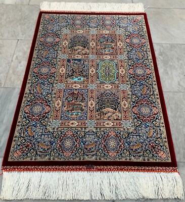100% Silk Rug Compartment Design Silk Rug Handmade Fringes and Borders 2x3 ft