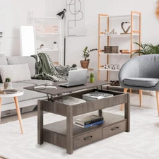2 Drawer Lift Top Coffee Table with Hidden Compartment & Storage Shelves Gray