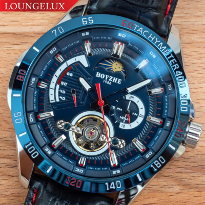 Mens Flywheel Automatic Mechanical Watch Dark Blue Dial Black Leather Sport