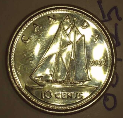 2022 Canadian 10 Cents, Amazing DD/Die Crack /Chip/Cud/Steel Over