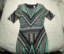 B. Smart Black Green Knit Bodycon Knee Dress Round Neck Half Sleeve Geometric 10