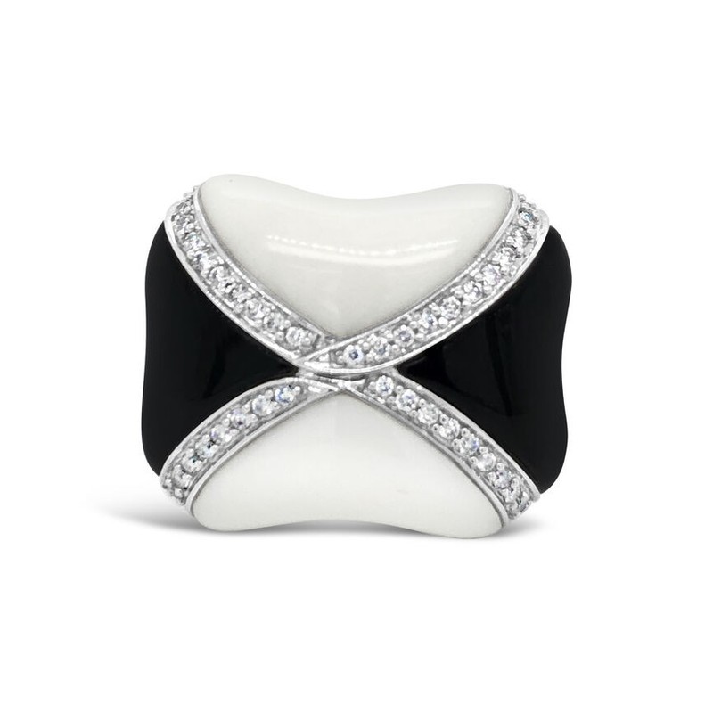 LeVian 14K White Gold Cocktail Ring with 26 Carat White Agate and Onyx - Size 5