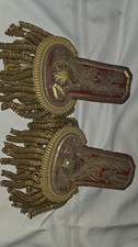Pair Ornate Gold Fringe Red Military Epaulettes Collectible - Militaria