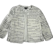 Ann Taylor Jacket Size 2 Ivory Black Tweed Stripe Open Front Classic Work
