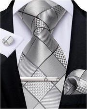 Plaid Ties for Men Silk Checkered Necktie and Pocket Square Cufflinks Tie Clip S