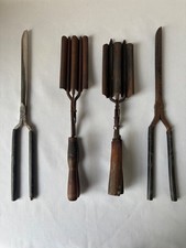 4 Antique Primitive Hair Curling Crimping Irons 2 Wood Handles Mustache Curler
