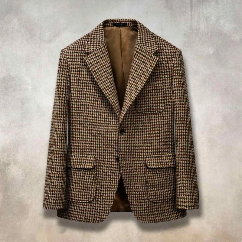 Abrigo informal de tweed pata de gallo marrón para oficina chaqueta de negocios ajuste regular Foto 3 de 4