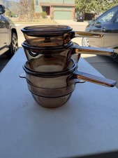 Corning Ware Vision Pyrex Szkło Zestaw 7 sztuk Bursztyn Vintage Zestaw naczyń kuchennych