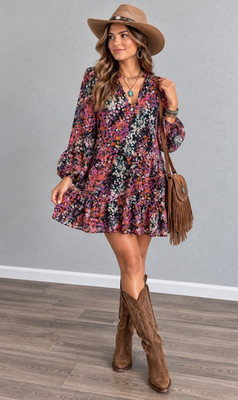 Vince Camuto Boho Floral Chiffon Tiered Ruffle Mini Dress Long Sleeve Medium