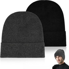2 Pack Unisex Winter Knit Beanie Hats Warm Soft Cuffed Skull Caps Black Gray
