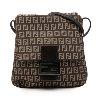 Fendi Zucchino Canvas Crossbody Pre-Loved Bag Dark Brown